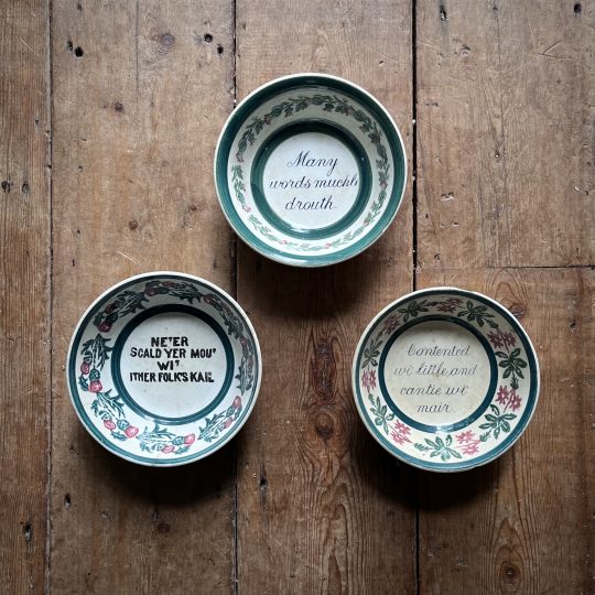 Collection of three Spongeware motto bowls